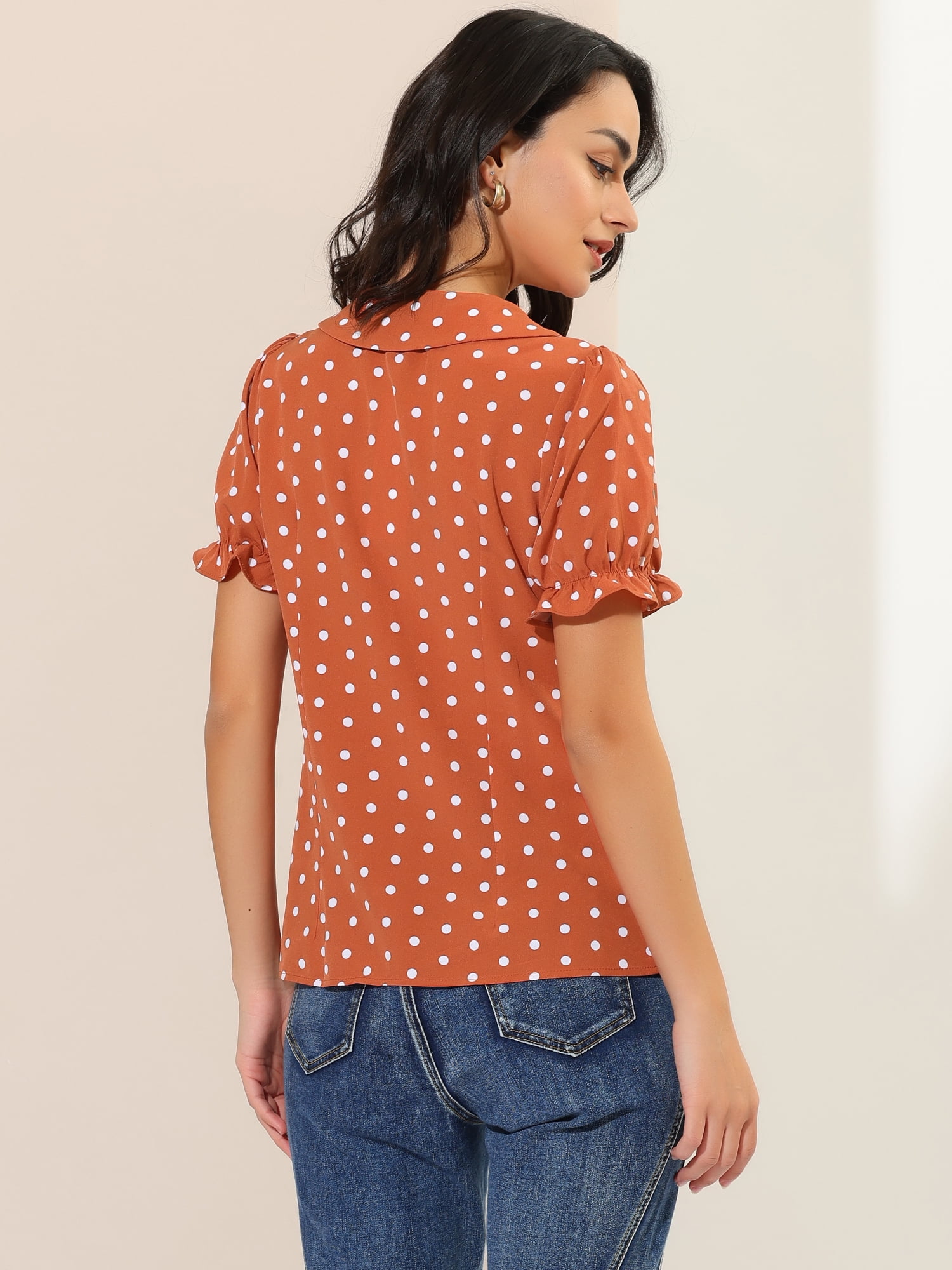 DARING DIVA Women's Polka Dots Doll Collar Puff Short Sleeve Shirts L Orange Red