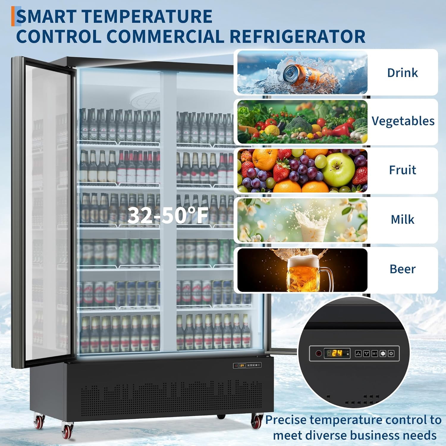 Hipicute 35.3 Cu.Ft Commercial Merchandiser Refrigerator, Large Glass Door Display Fridge with 5 Adjustable Shelves, High Capacity Cooler for Restaurant, Store, Bar, Supermarket, Beverage Display