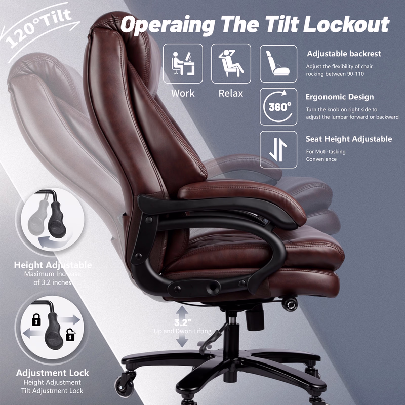 thumbnail image 6 of Qusaphy 800LBS Big and Tall Executive Office Chair, PU Leather Ergonomic Desk Chair with Adjustable Backrest and Thick Padded Cushion, Heavy Duty Chair for Home or Office Black, 6 of 9