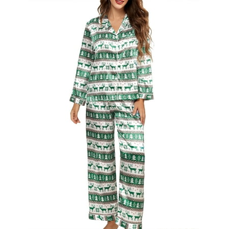 

Gureui 2Pcs Women’s Stain Pajamas Set Christmas Print Long Sleeve V Neck Button Down Shirt + Elastic Waistband Long Pants Set Loungewear