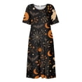 thumbnail image 4 of Women's Halloween Print Round Neck Dress with Pockets Short Sleeve Loose Midi Casual Dress Plus Size for Autumn Daily Wear Party Black L, 4 of 6