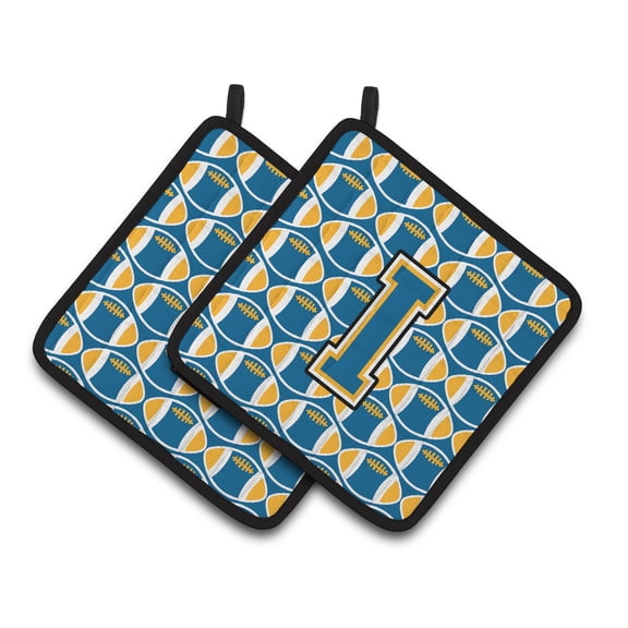 Carolines Treasures CJ1077-IPTHD Letter I Football Blue and Gold Pair of Pot Holders, 7.5HX7.5W, multicolor