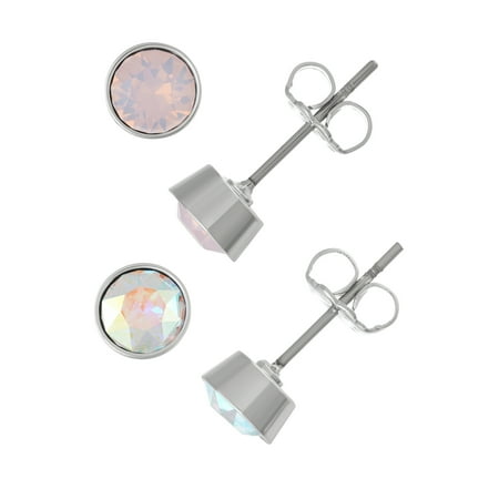 - X & O 2 Pc. Set Rhodium Plated 5 mm Bezel Set Flat Back Studs with AB and Rose Water Opal Swarovski Crystals