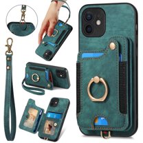 for iPhone 12 Phone Case Wallet with Card Holder,PU Leather Flip Folio Case,RFID Blocking Ring Holder Kickstand Wrist Strap Magnetic Protective Women Men Cover,Green,For iPhone 12