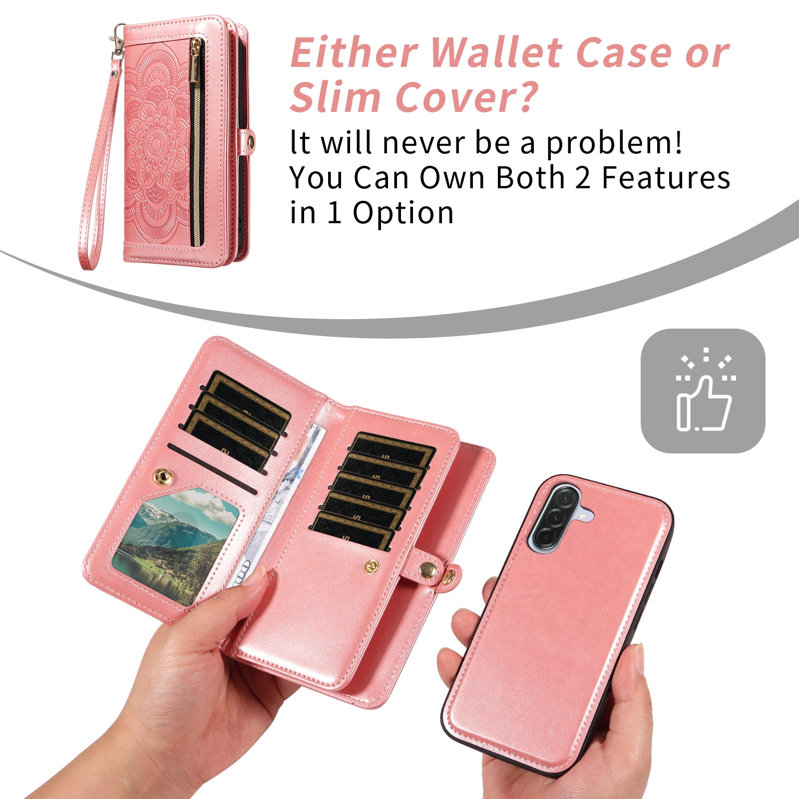 Asuwish Phone Case for Samsung Galaxy A36 5G Zipper Wallet Detachable Cell Cover with Tempered Glass Screen Protector Crossbody Strap Flower Flip Card Holder A 36 36A LTE SM-A366U Women Men Rose Gold