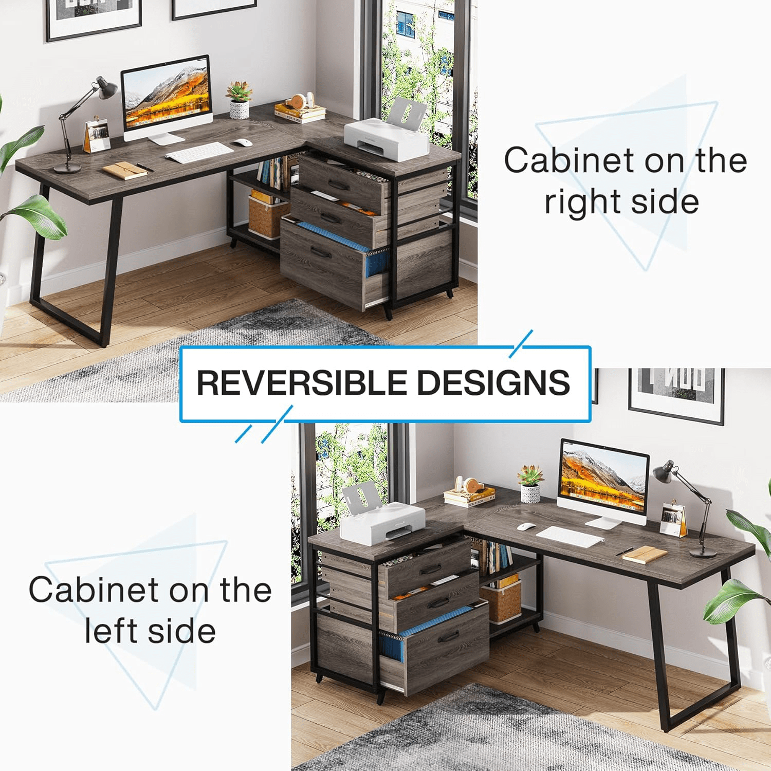 53" Reversible L-Shaped Computer Desk With 3 Drawers & Shelves - Spacious Workstation For Home Office, Study & Gaming (Gray)