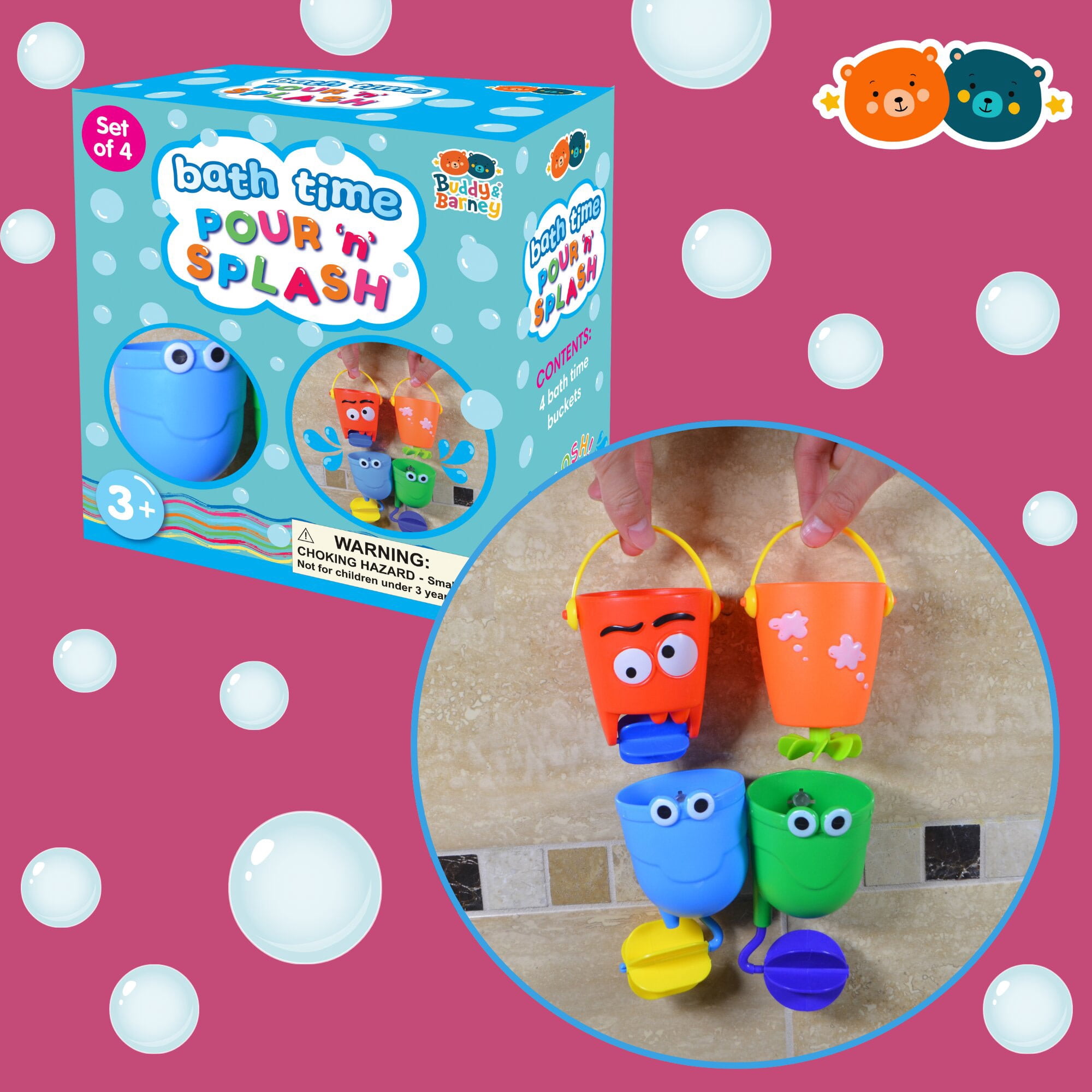 Buddy & Barney: Bath Time - Pour 'n Splash - 4 Colorful Character Water Bucket Toys, Pour-Tip-Spin, Interactive Sensory Exploration Tub Play, Kids 3+