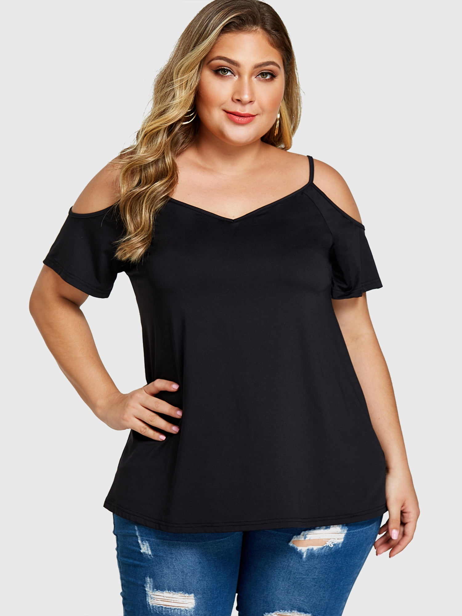 Women Shirts and Blouses Fashion Ladies Plus Size V Neck Hollow Out Cut Out Strappy T-Shirt Tops Loose Blouse 