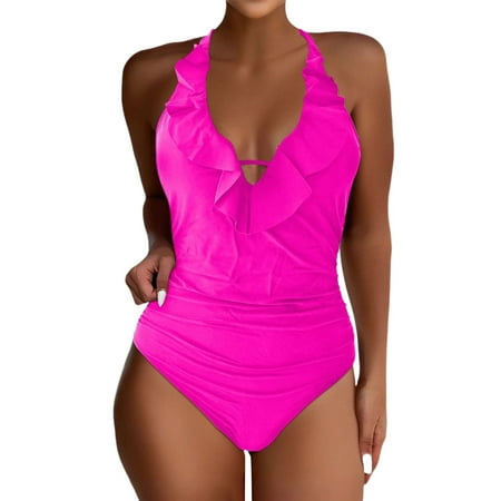 Biziza Tummy Control Swimsuits for Women Backless Basic 2025 Padded Solid Color Trendy with Built in Bra One Piece Swimsuit Spandex V Neck Bathing Suits