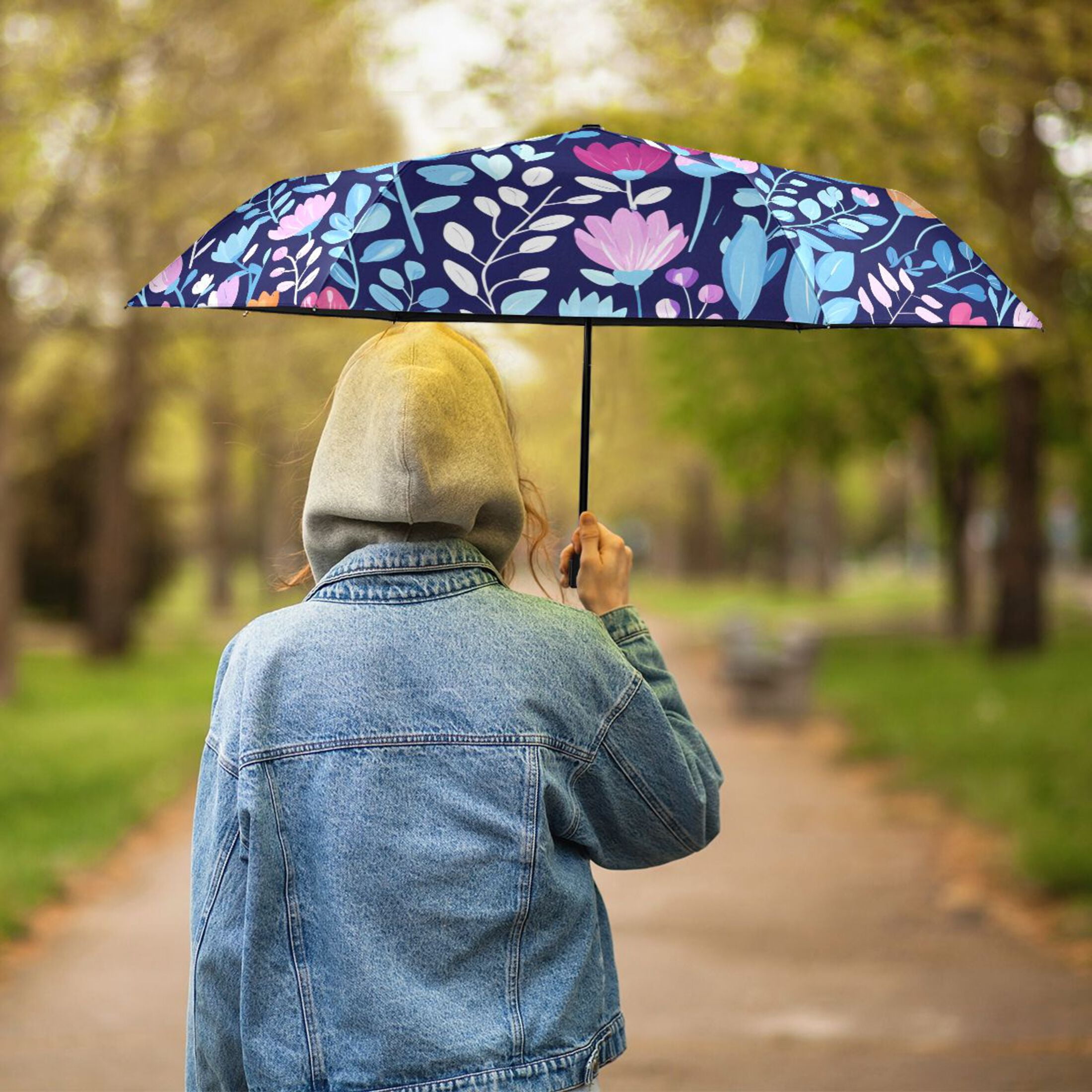 Pink Tulip with Blue Leaves Compact Sun Umbrella Windproof Travel Umbrellas for Rain Strong Portable UV Protection