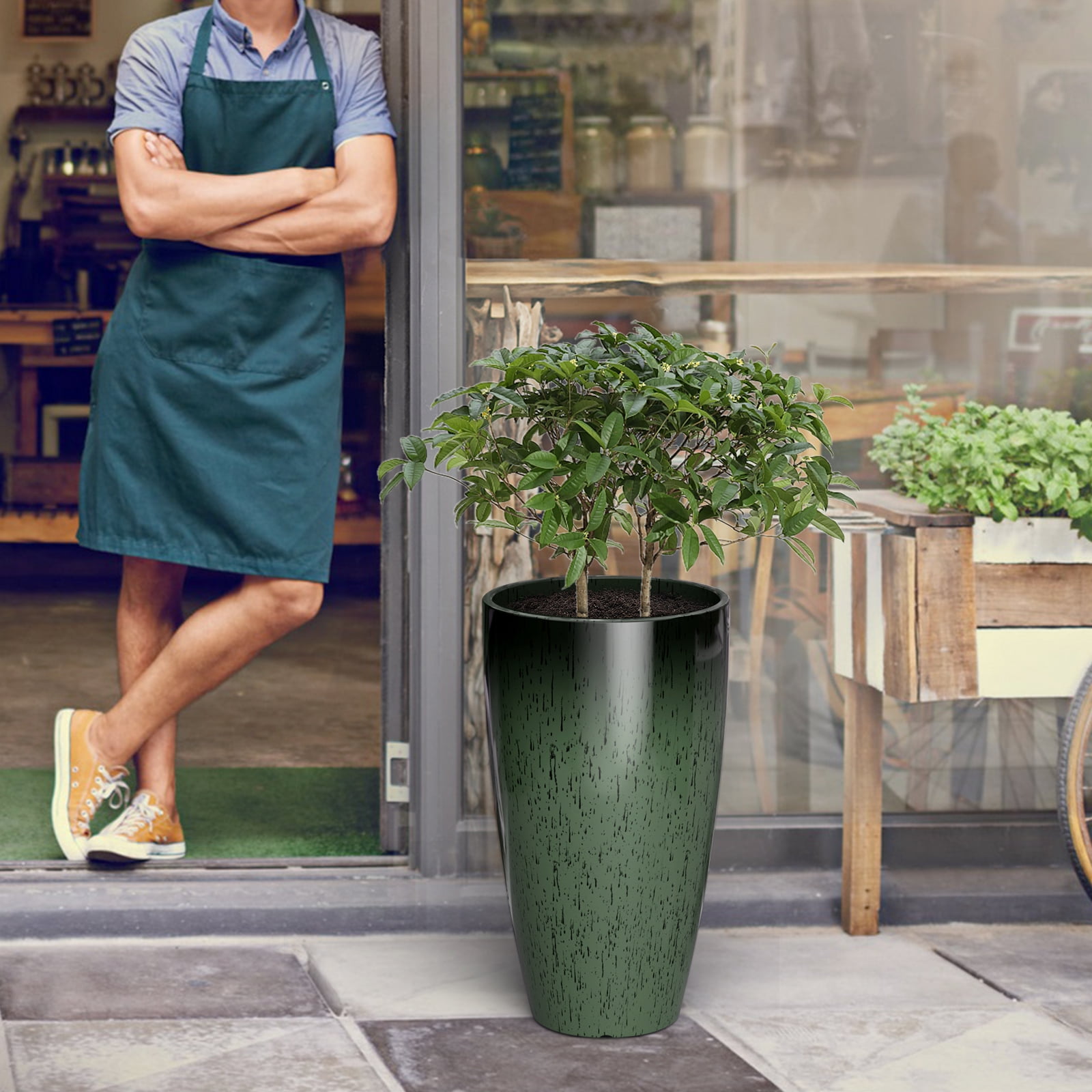 FIASON 2 Pack 21 Inch Dark Green Gradient Tall Plastic Planters, 10mm Thick Glossy Marble Finish with Drainage Holes & 2-in-1 Saucer, Indoor Outdoor Planters for Front Porch Patio