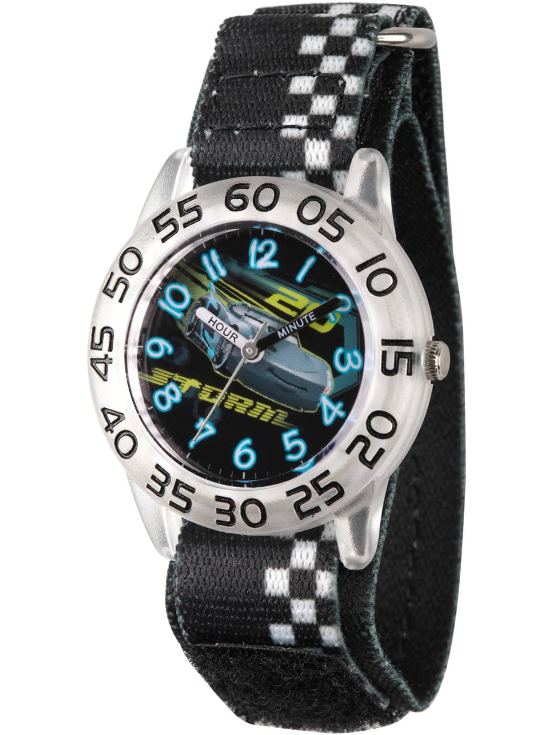Disney Cars 3 Jackson Storm Boys' Clear Plastic Time Teacher Watch, Black Hook and Loop Nylon Strap with White Plaid Printing