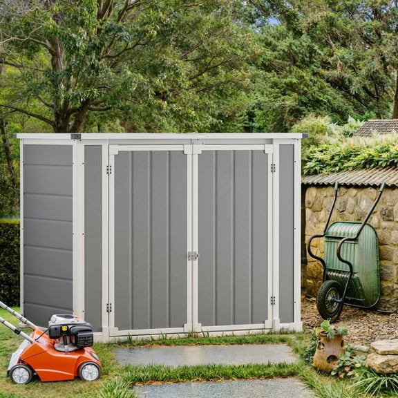 ModFusion Lockable Storage Shed, 262 Gallon, Hydraulic Metal Rod, Extra Door, Waterproof, 56"x29.5"x43.3", Horizontal Outdoor Organizer, Resin, Deck Box, Cool Gray