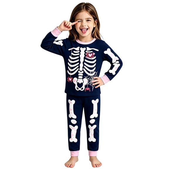 WERYOUNG Halloween Pajamas For Girls Skeleton Printed Long Sleeved Crewneck Top And Pants Kids Soft Cozy 2 Piece Sleepwear Loungewear Sets Trendy Homewear 2-3 Years