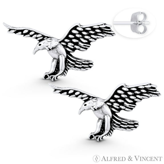 American Bald Eagle Animal Charm 10x18mm Stud Earrings in Oxidized .925 Sterling Silver