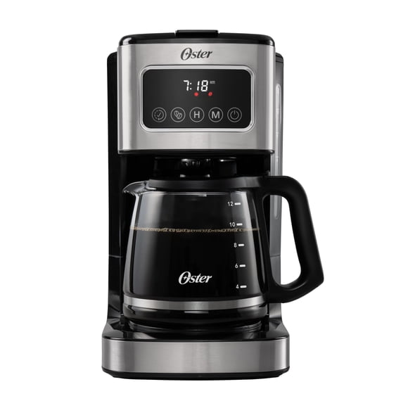 Cafetera Oster Programable, Pantalla Táctil, Jarra de Vidrio, de 12 Tazas, Negro y Acero Inoxidable, BVSTDC4403