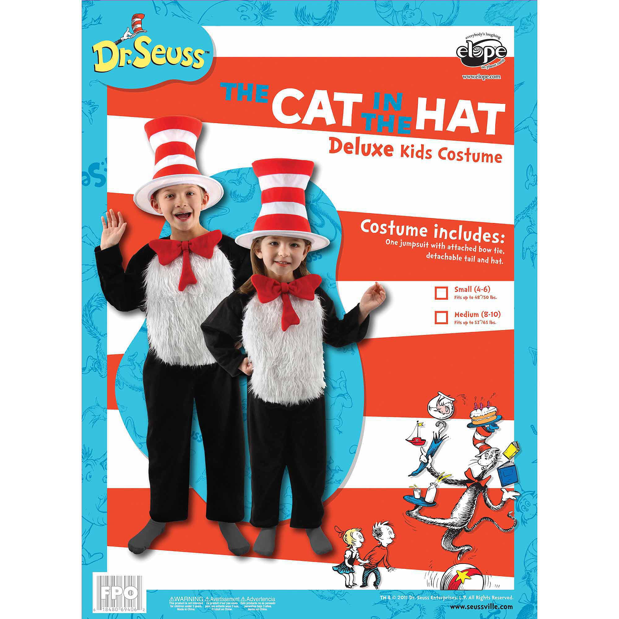 Dr Seuss Cat In The Hat Fancy Dress Costume Complete Outfit Age 9-10 Years~NEW 