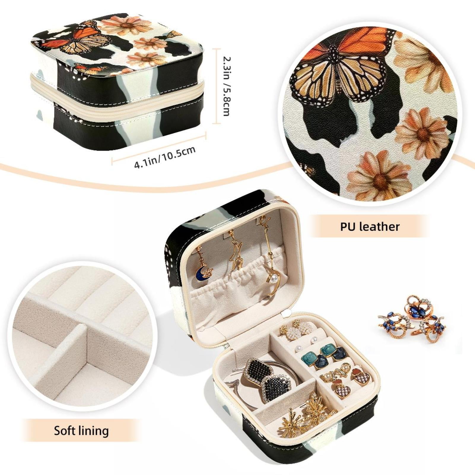 PhooArto Small Jewellery Box, Butterfly Pattern and Cow Print Portable Travel Mini Jewelry Case for Women Leather Ring Organizer