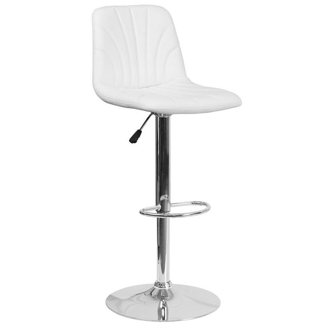 Contemporary White Vinyl Adjustable Height Barstool with Embellished Stitch Design and Chrome Base