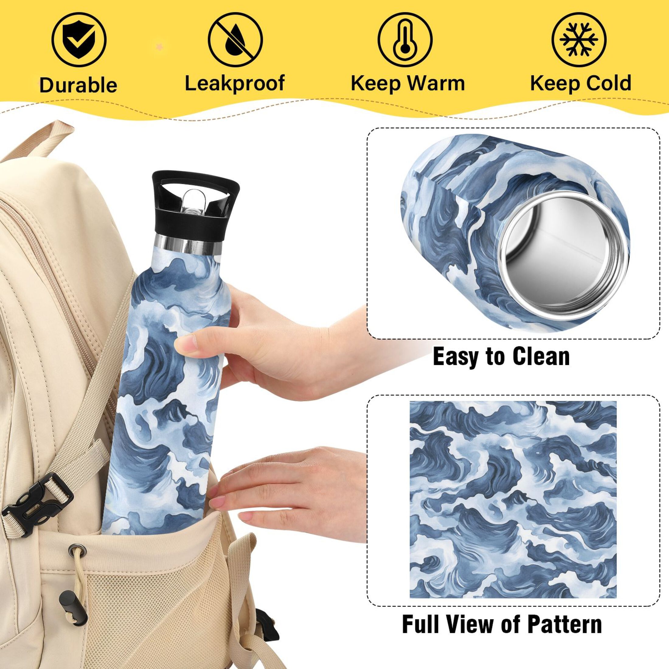 Kids Insulated Stainless Steel Sports Water Bottle 600ml (20oz) Watercolor Waves