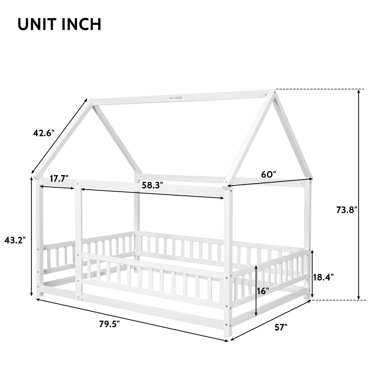 Full Size Floor Bed Frame with Roof for Kids, Wooden Montessori Bed with Fence Guardrails, Low Platform Playhouse Bed for Boys and Girls, No Slats Included, White