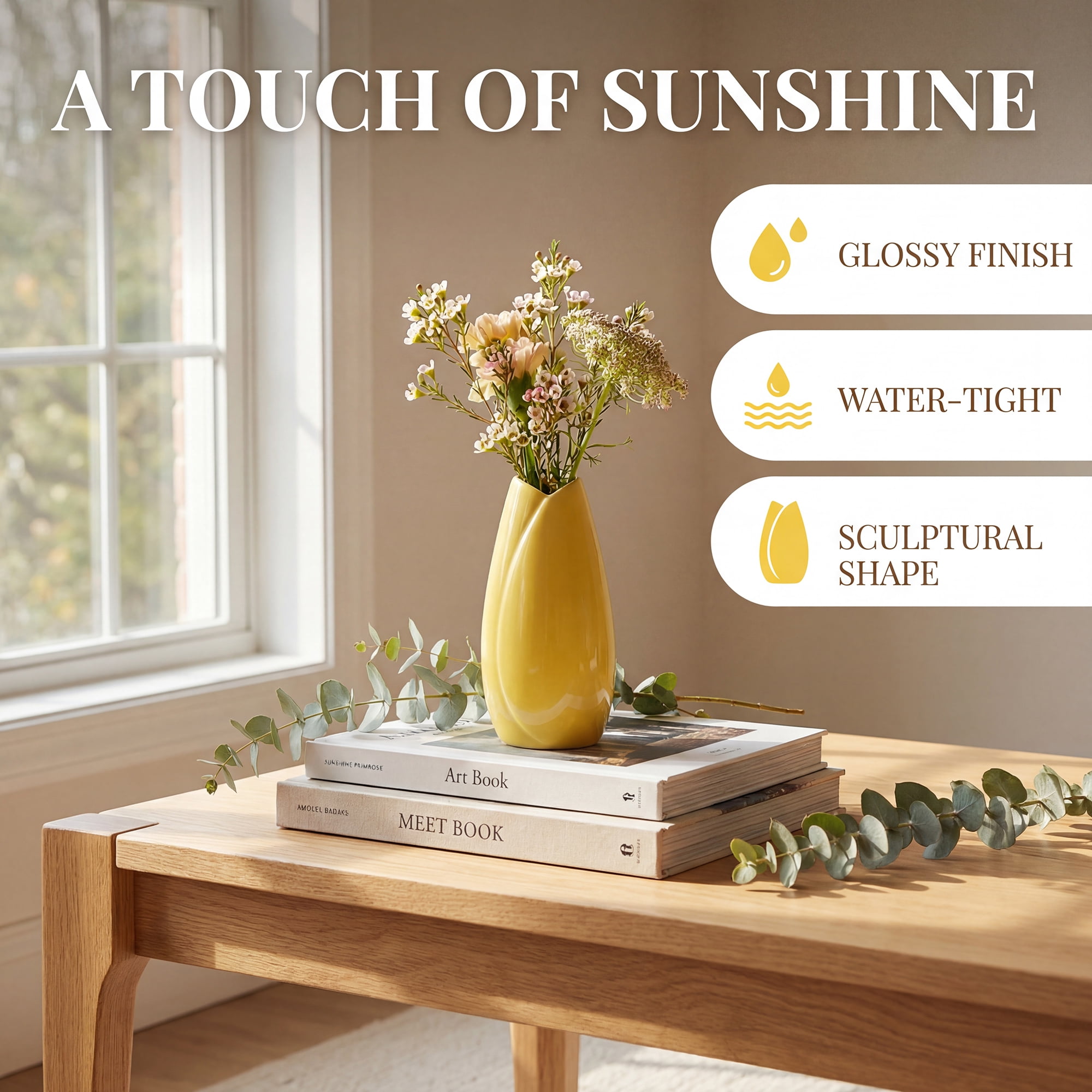 Unique Bargains Modern Matte Ribbed Decorative Flower Vase for Desktop & Bathroom Yellow