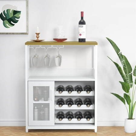Bar Cabinet Removable Wine Storage Cabinet with Extra Storage Industrial Sideboard and Buffet with Glass Tray and Mesh Doors White