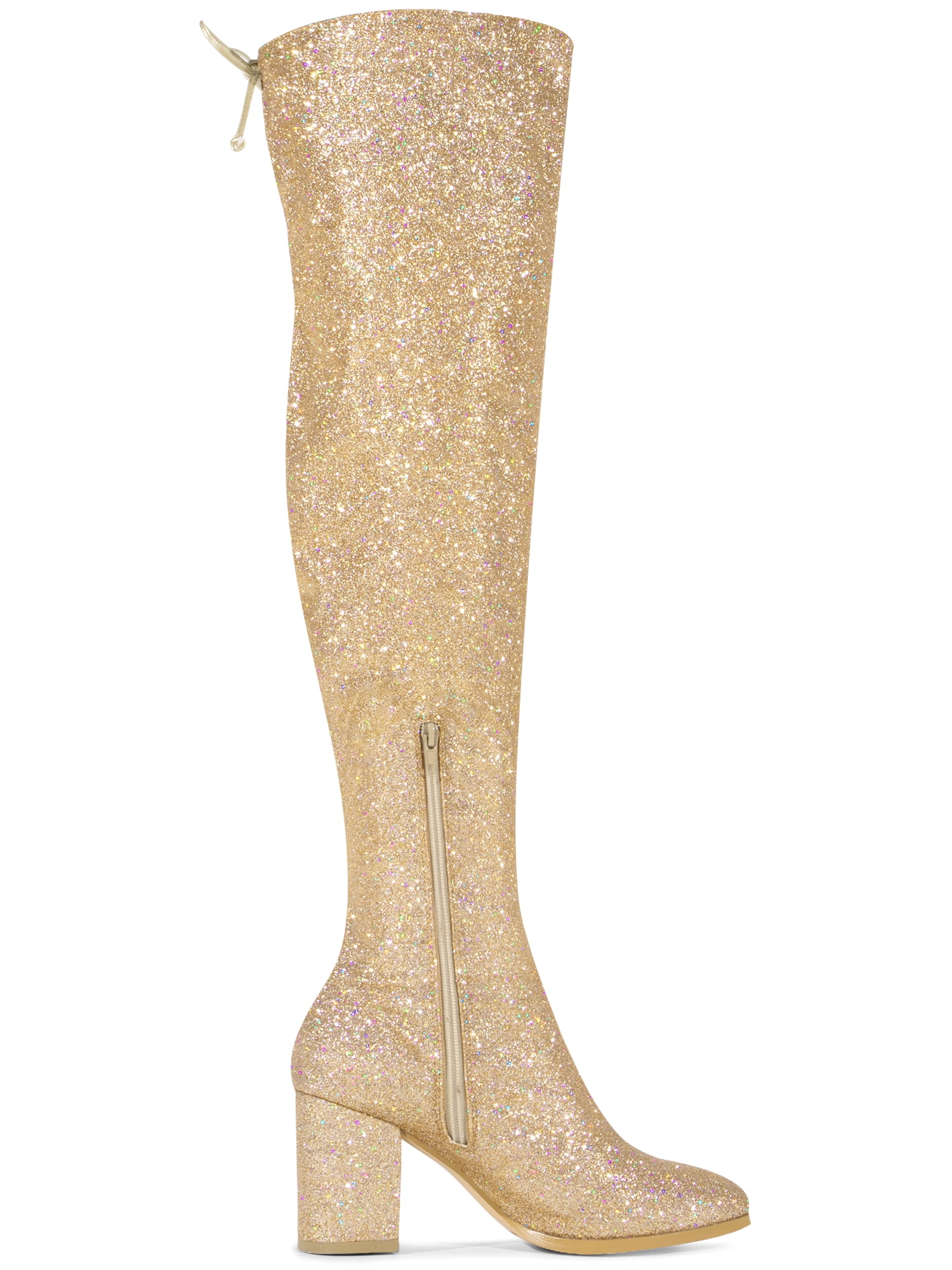 DARING DIVA Women's Glitter Round Toe Chunky Heel Over the Knee High Boots Gold 7.5