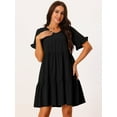 thumbnail image 2 of Unique Bargains Women's V Neck Ruffle Short Sleeve Dress with Pockets L Black, 2 of 6