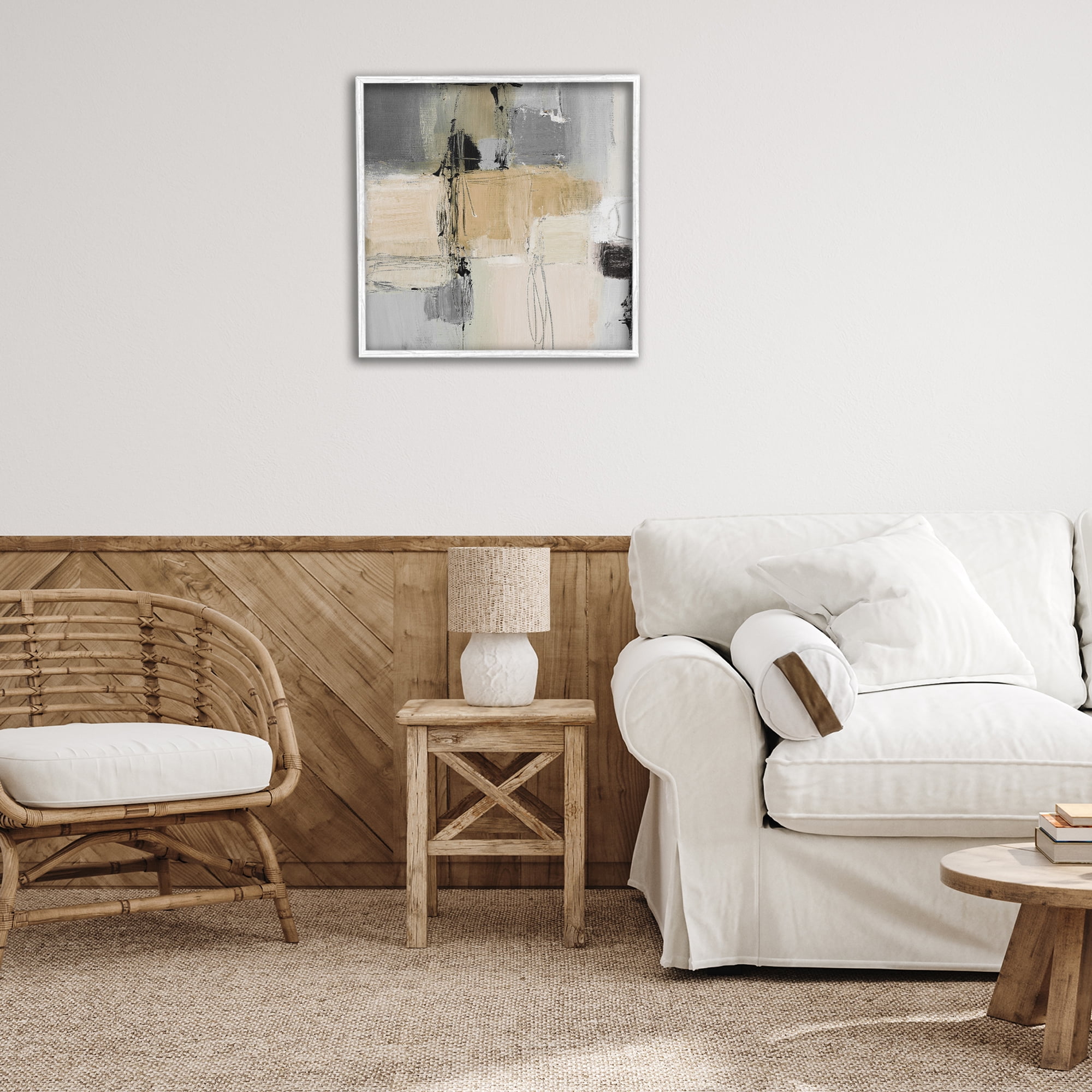 Stupell Industries Tan & Grey Rustic Collage Abstract Painting White Framed Art Print Wall Art, 24 x 24