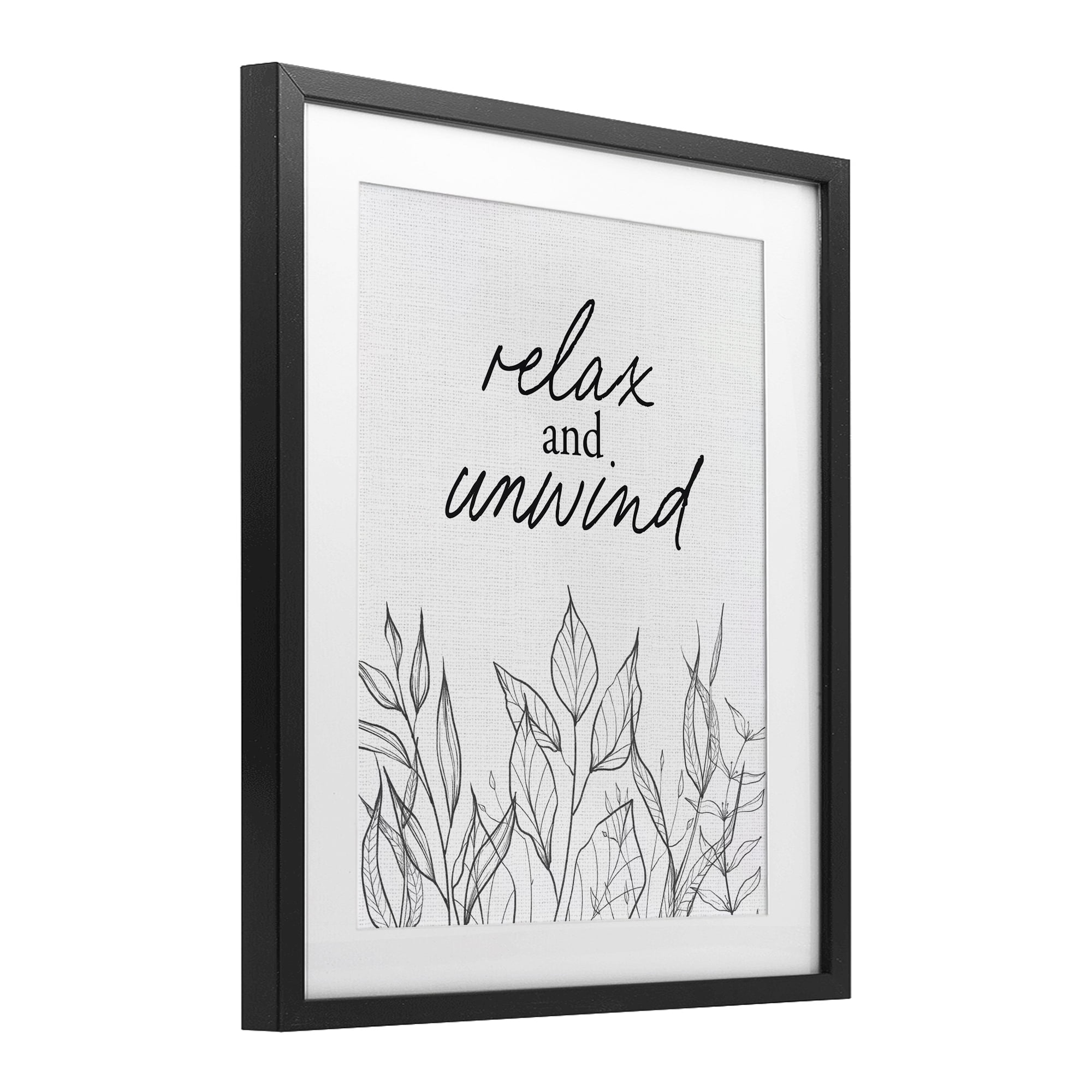 Relax Unwind Minimalist Leaves Black Framed Print Under Glass, design by Lettered and Lined