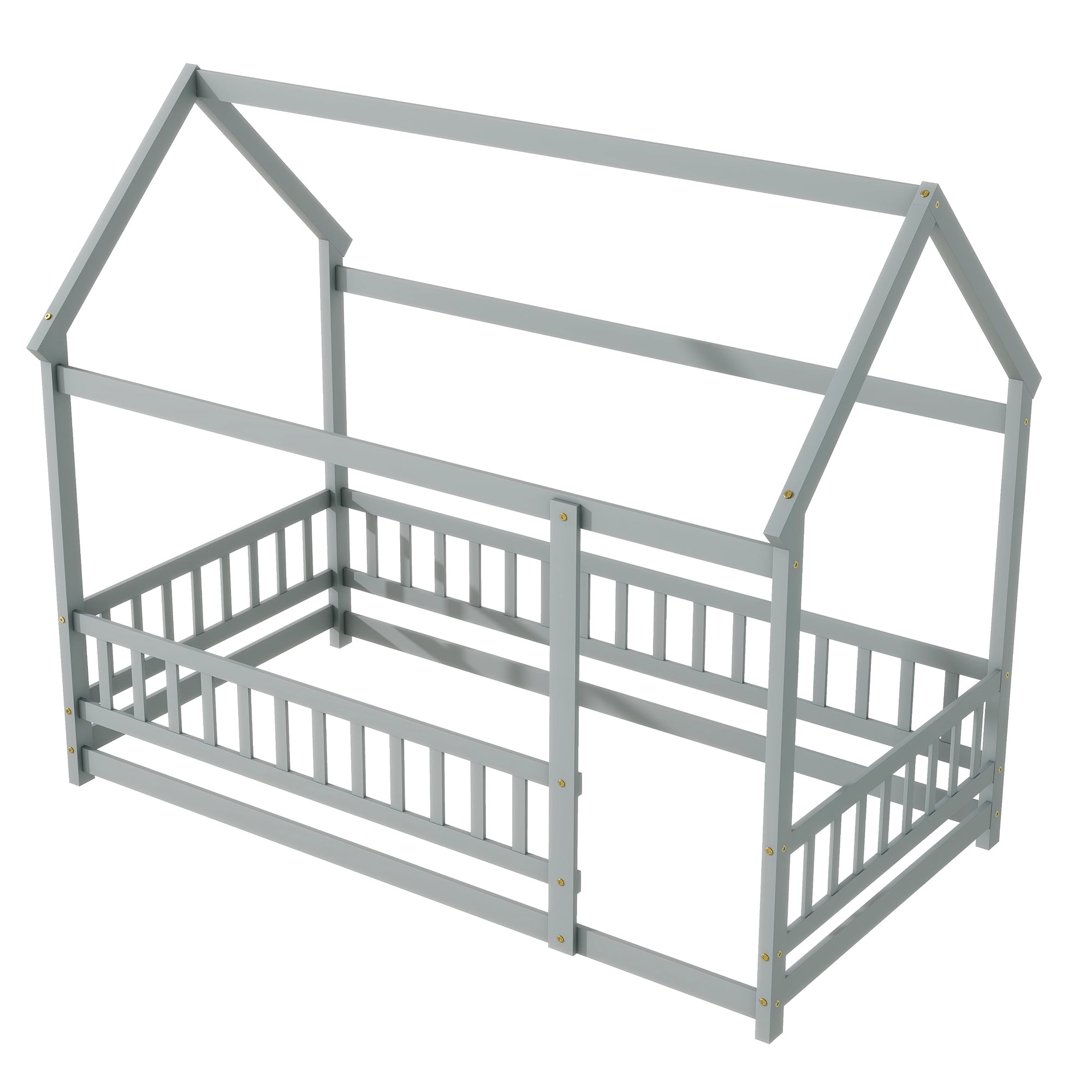 Aukfa Twin Size House Bed with Roof, Wood Floor Bed Frame with Fence for Kids Toddler, Gray