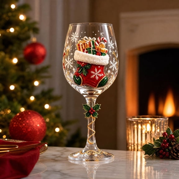 Christmas Stocking Wine Glass 7 Inch, Hand-Blown Crystal Goblet with Festive Stocking Motif, Stemware for Red White Wine