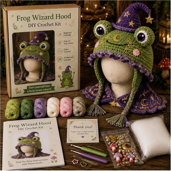 Fantasy Hooded Hat DIY Crochet Kit Beginner Friendly All-in-One Starter Pack with Plush Yarn Accessories Wearable Animal Costume Headwear Craft Set for Adults Novelty Craft Gift
