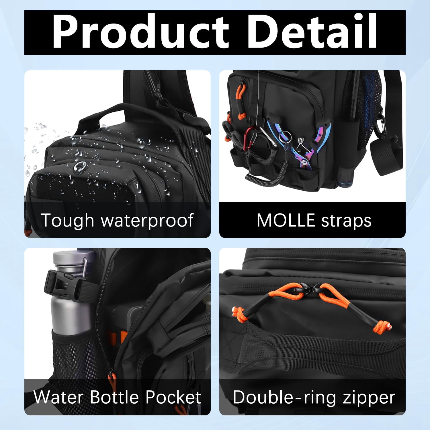 Fishing Backpack With Tackle Boxes Waterproof Shoulder Bag For Gear Fish 136 Lures Kit Hook Remover Tool Lip Gripper Plier Gifts Men (black)