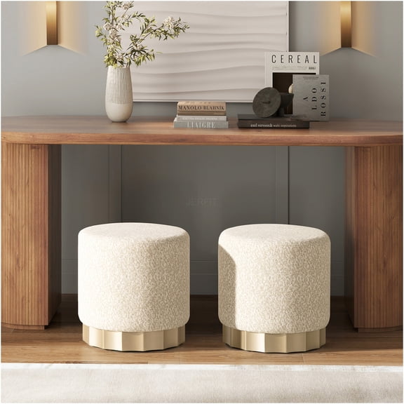 JERFIT Upholstered Round Ottoman with Scalloped Base, Plush Chenille Fabric, Beige Accent Stool for Living Room, Footrest Pouf