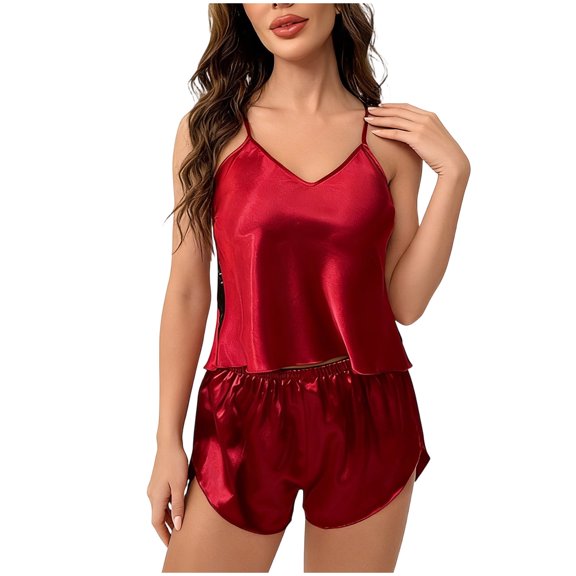 Wensltd Women Solid Color V Neck Sleeveless Pajama Set Loose Fit Soft Comfortable Trendy Sleepwear S-XXL