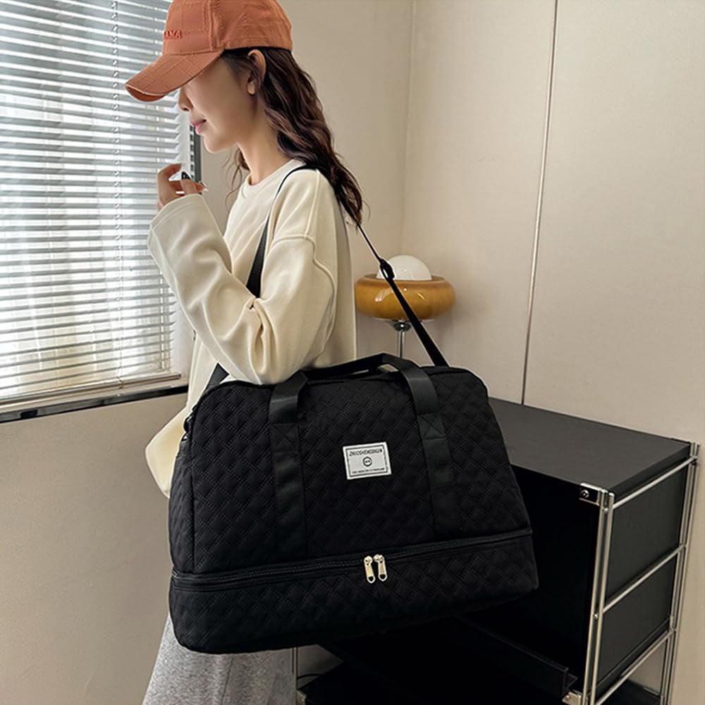 Travel Duffel Bag, Model for Women, with Wet Pocket, 1-Pack, Medium Size - Grid-black for Overnight, Gym, Hospital Use