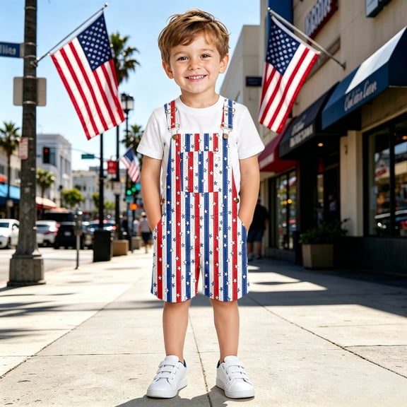 EliteGoogv Boys Girls Denim Romper Shorts Suspender Patriotic Novelty Print Casual Jumpsuit 4th of July Outfit Kids Short Kids Outfit 250th Independence Day 6-7 Years
