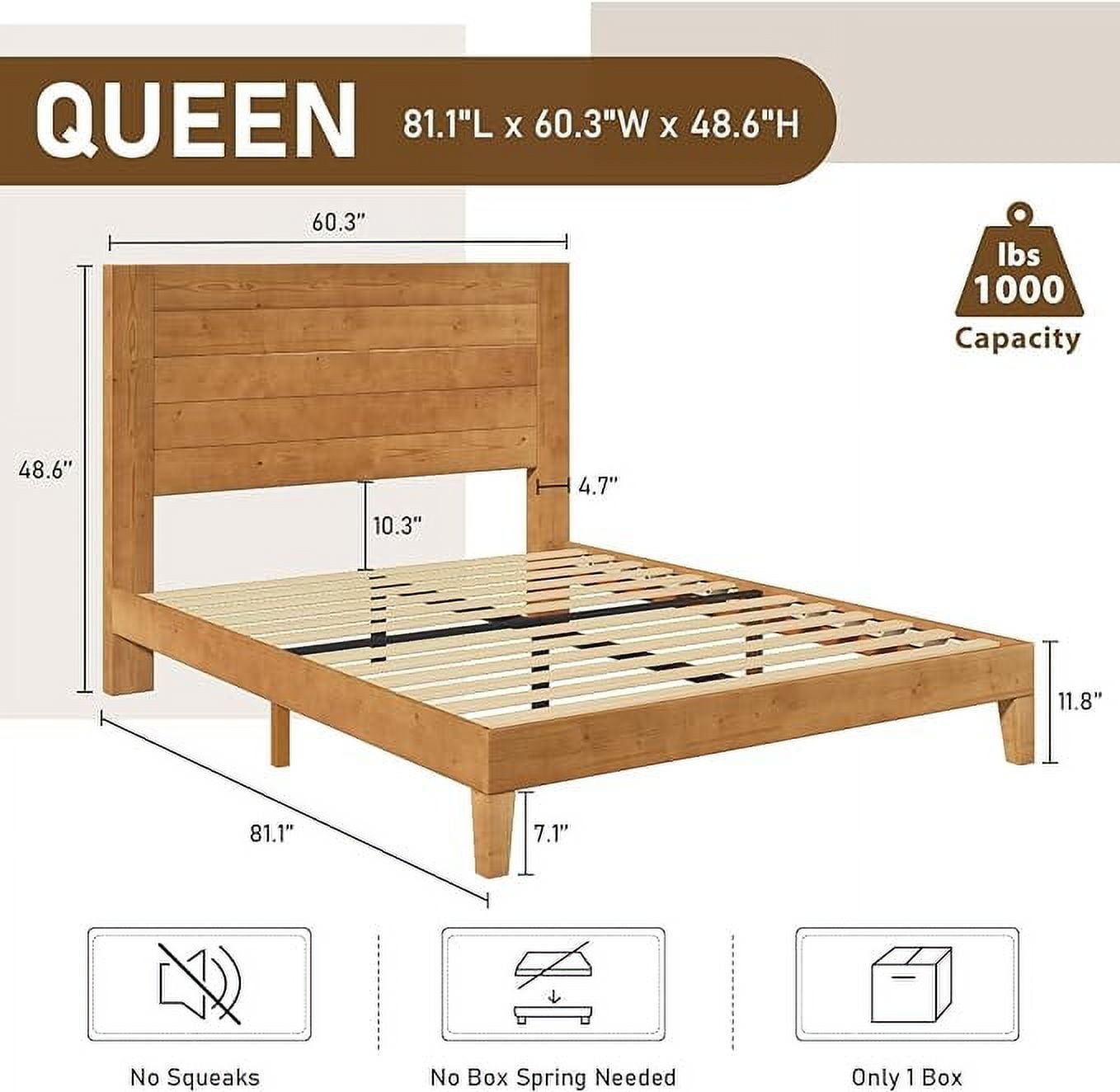 VanAcc Queen Size Solid Wood Bed Frame with 48.6" Headboard, Mid-Century Platform Bed Frame, Light Brown