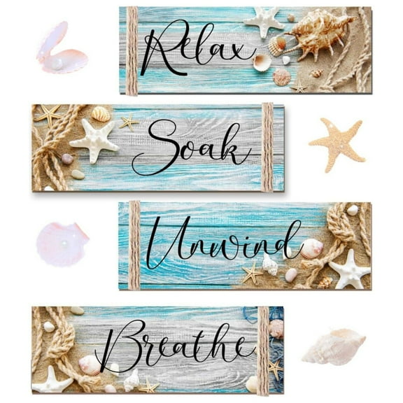 4PCS Ocean Beach Wood Art Sign Relax Wall Hanging Decor for Laundry Spa Washroom