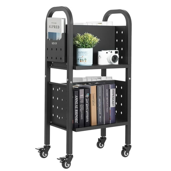 VEVOR Rolling Library Book Cart, 150 lbs Capacity, 17.7 x 13.0 x 34.6-Inch Library Cart, Double Sided L-Shaped Shelves with 2-Inch Lockable Wheels, Book Truck for Home Shelves Office and School