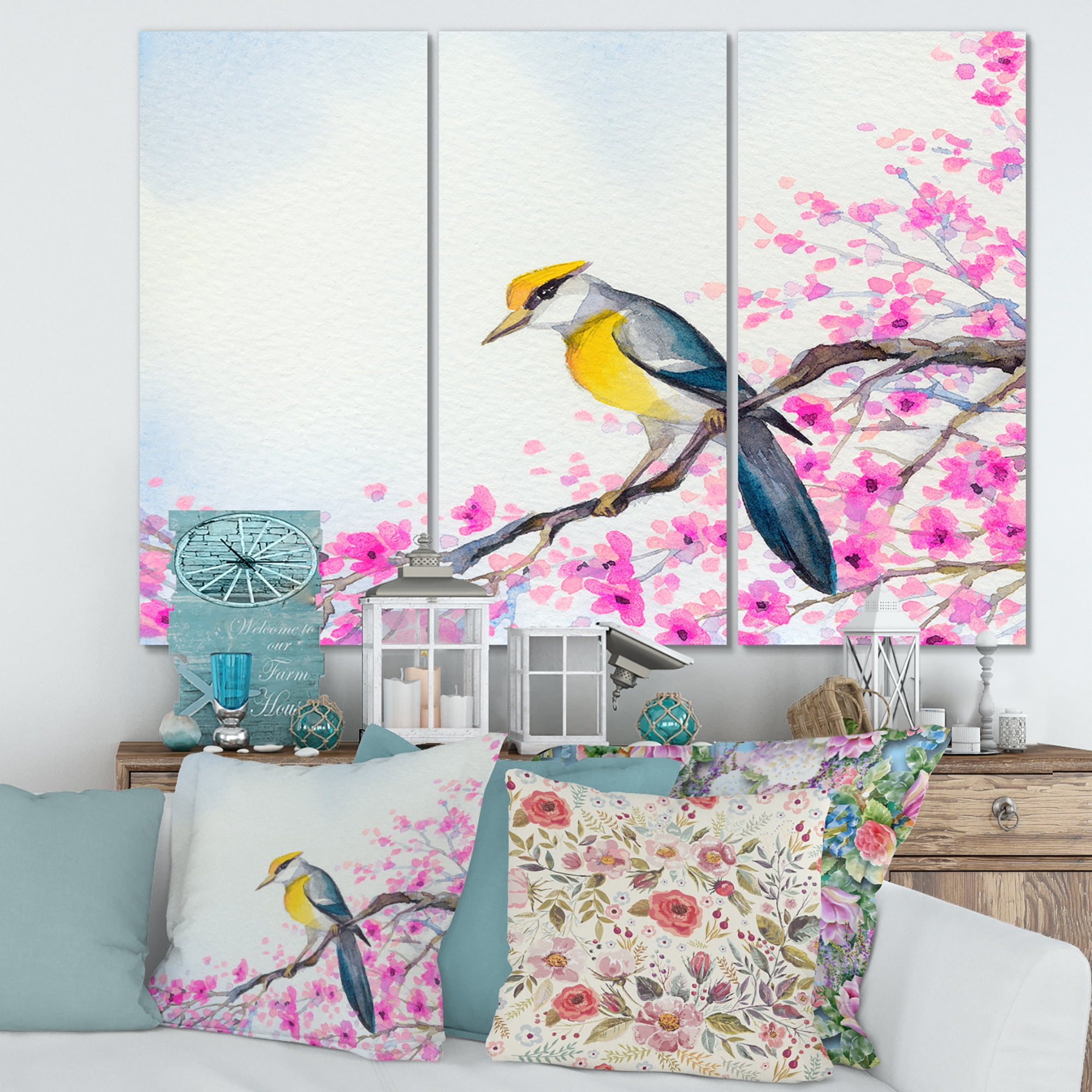 Designart ' Beautiful Bird Sitting On Flowering Branch ' Traditional Canvas Wall Art Print