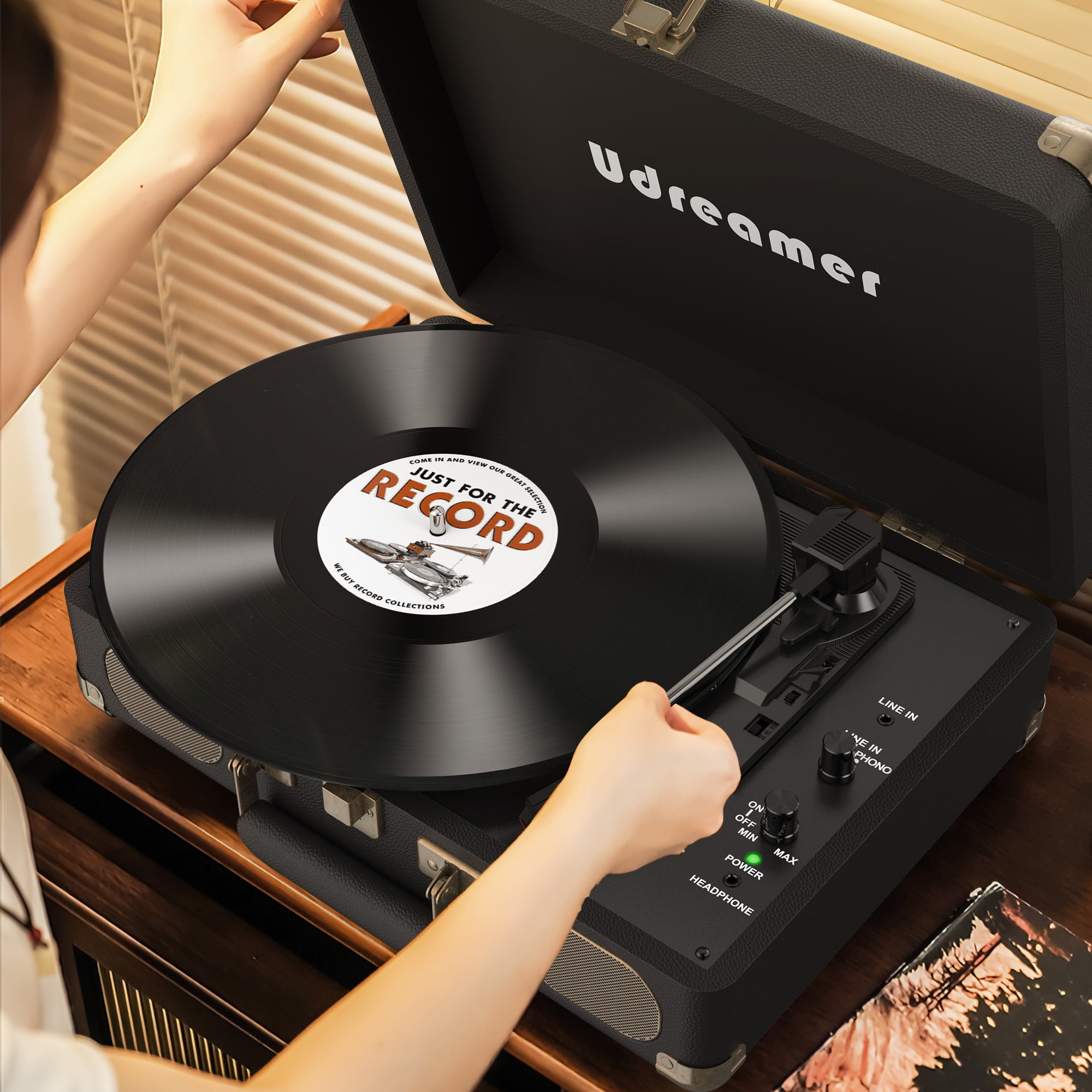 Udreamer Vinyl Record Player with Speakers,Turntables for vinyl records,Portable Suitcase Vinyl Player (tocadiscos de vinilo),Black