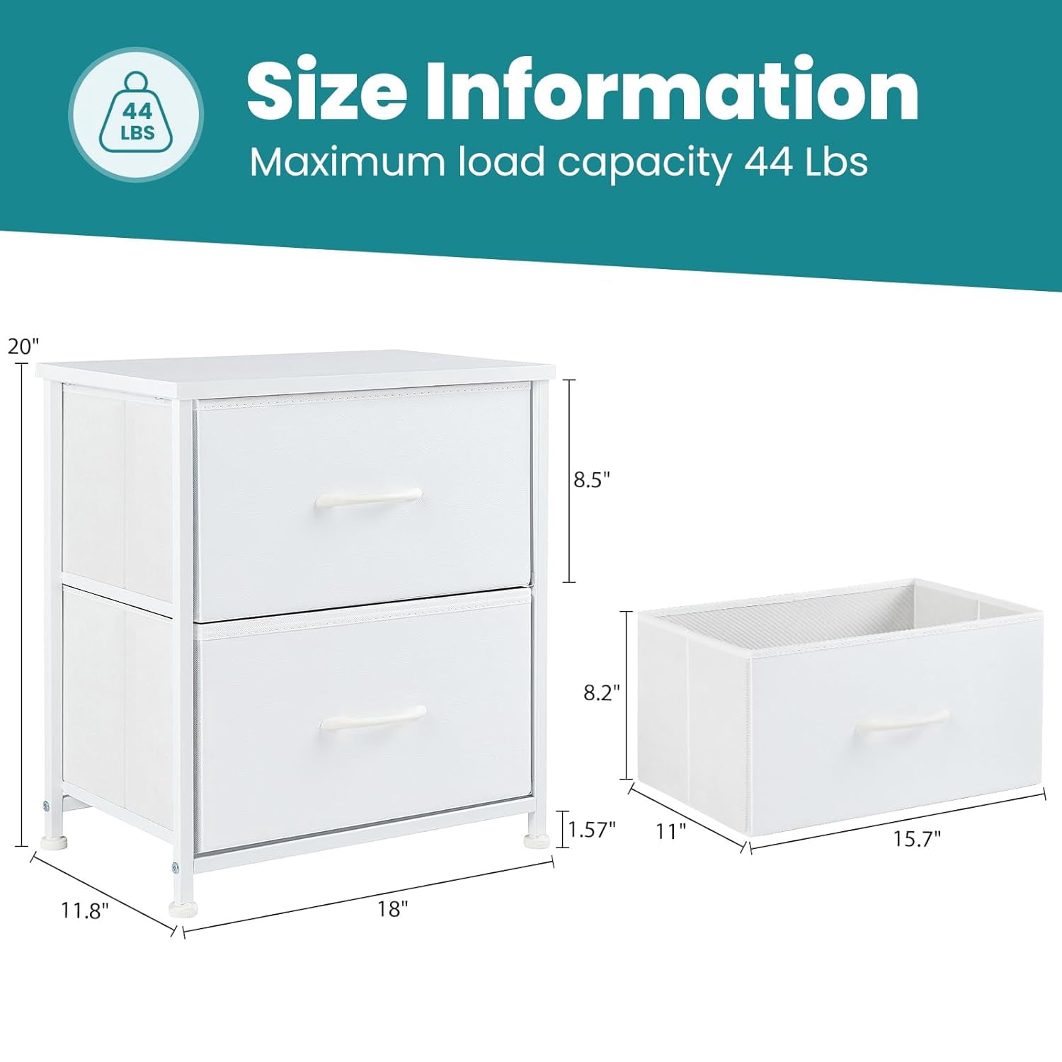 Nightstands Set of 2 with 2 Fabric Drawers, Small Bedside Tables for Bedroom, Closet, Dorm, End Side Table with Storage, White