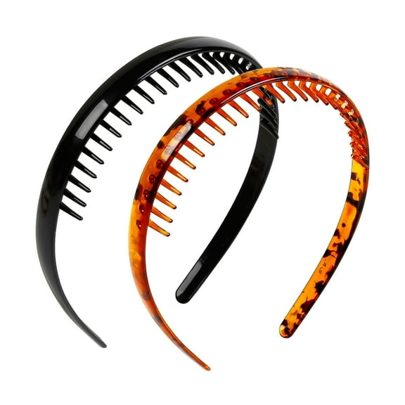 LinYooLi 2 PCS Plastic Headbands for Women Thin Hairband with Teeth Black Non Slip Headband for Women's Hair Brown Classic Hairbands for Girls Hair Accessories