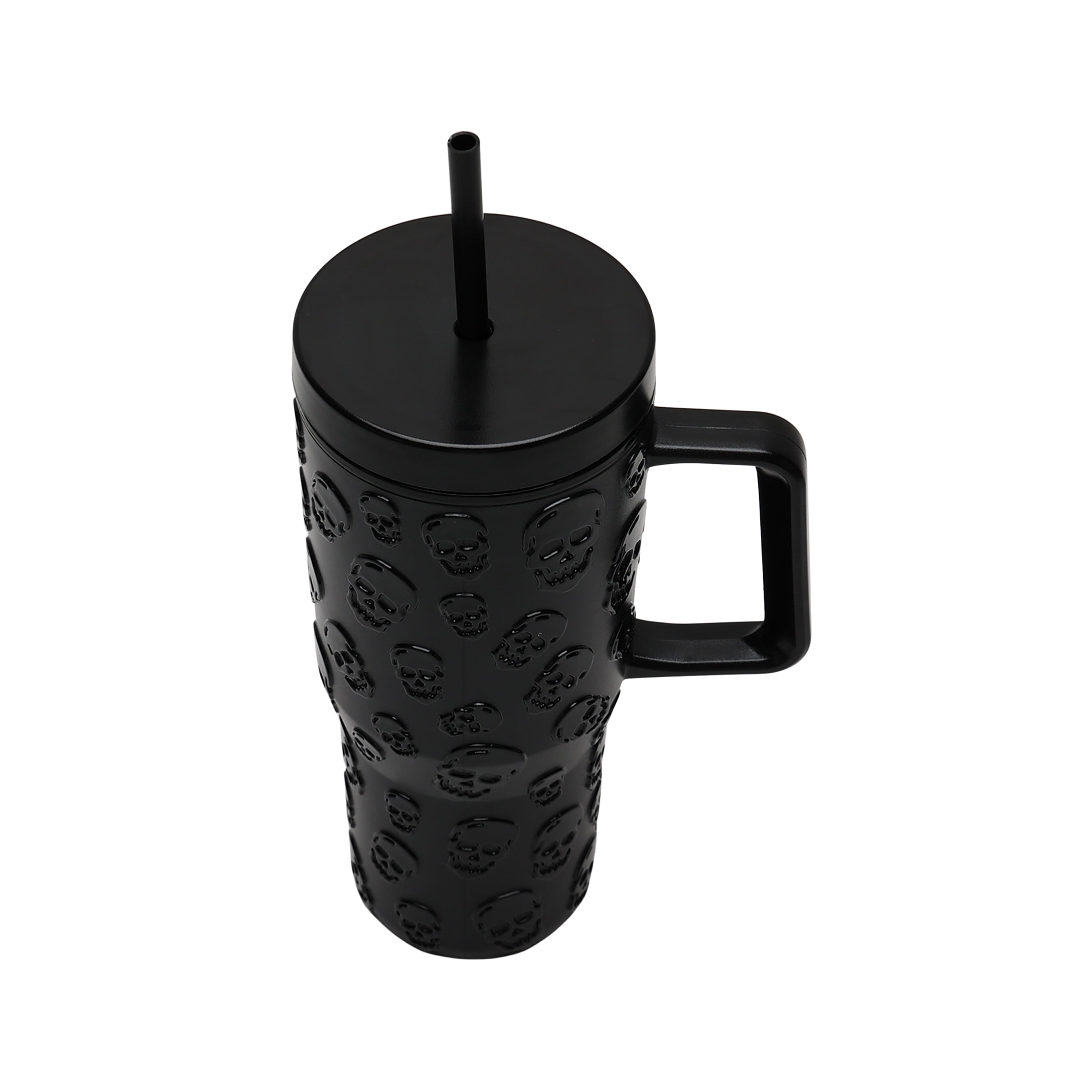Way To Celebrate 30 Ounce Acrylic Double Wall Embossed Skull Tumbler with Straw and Handle, Black