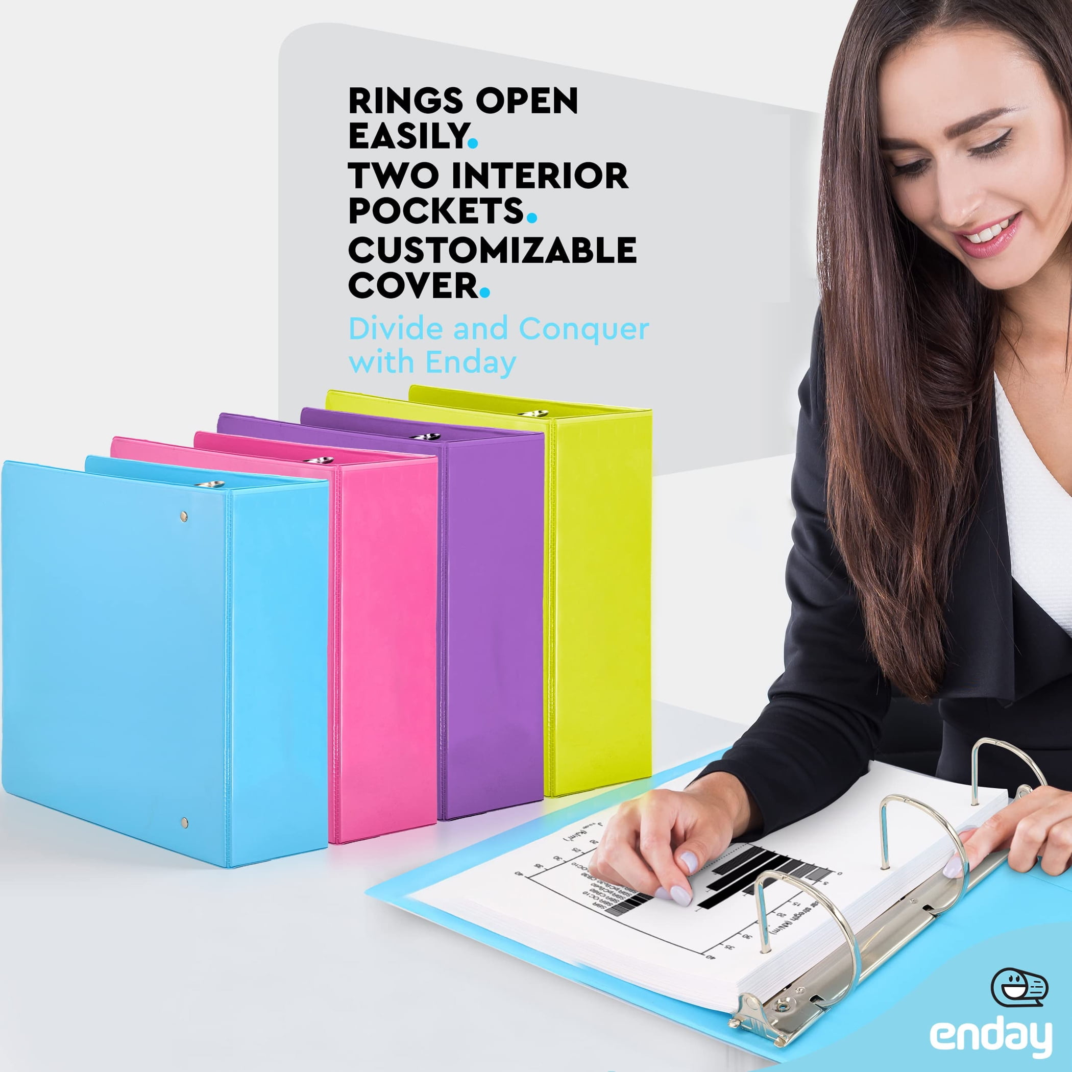 enday 3-Ring View Binder, Slant D-Ring, Assorted Colors, 3 Inch, Pack of 4