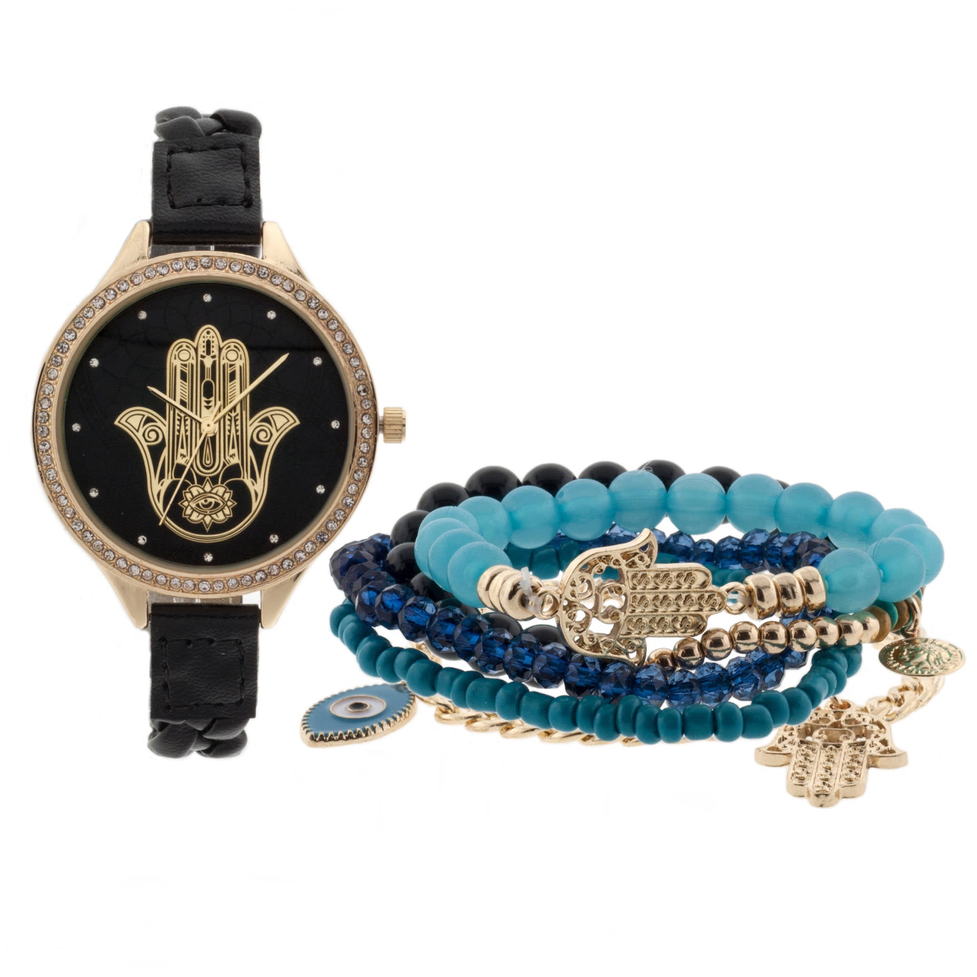 Women's Gold Tone Black Strap Watch and Stackable Bracelet Set
