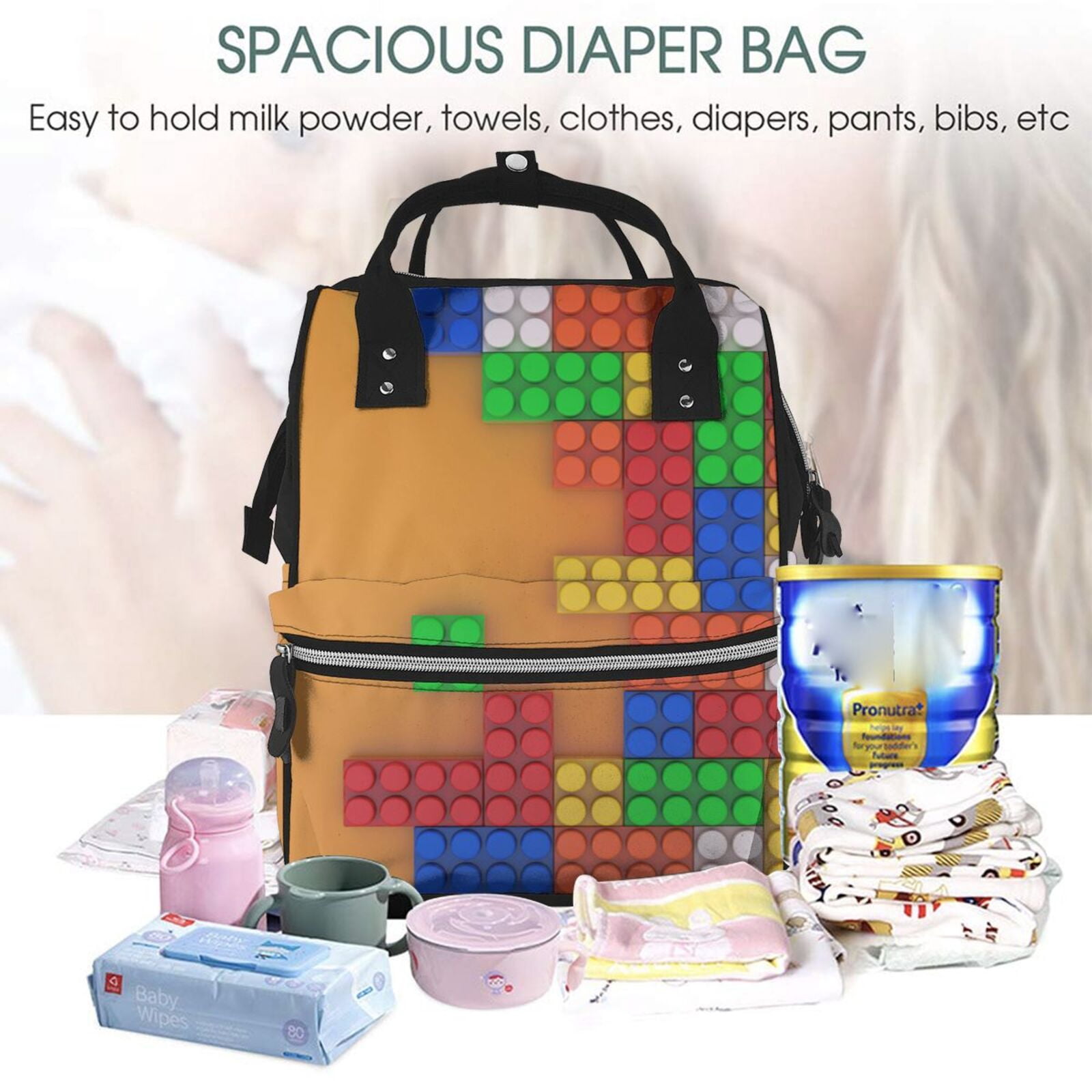 Ratiio Colorful Building Blocks A Mummy Backpack - Waterproof Twill Canvas, Large Capacity Diaper Bag with Multiple Pockets and Adjustable Straps
